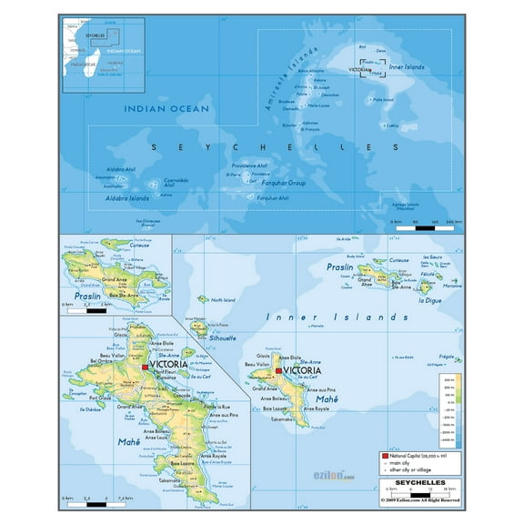 Palmetto Posters 20x24 Laminated Poster: Large physical map of seychelles with roads all cities and airports