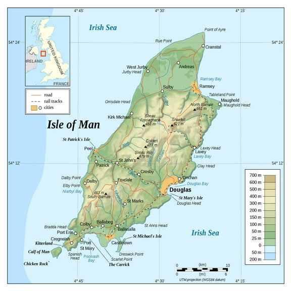 Palmetto Posters 24x24 Laminated Poster: Large detailed physical map of isle of man with roads and cities