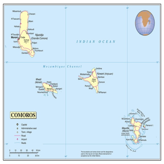 Palmetto Posters 24x24 Laminated Poster: Large detailed political map of comoros with roads cities and airports