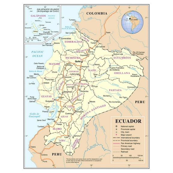 Palmetto Posters 24x31 Laminated Poster: Large detailed political and administrative map of ecuador with major roads major cities and airports