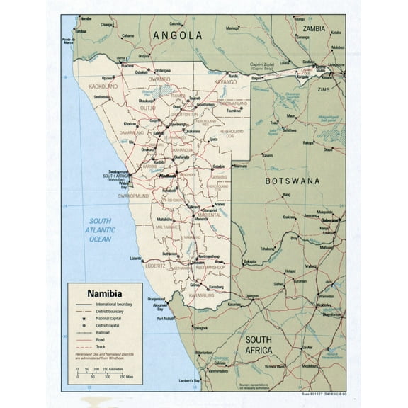 Palmetto Posters 24x31 Laminated Poster: Large detailed political and administrative map of namibia with roads railroads and major cities