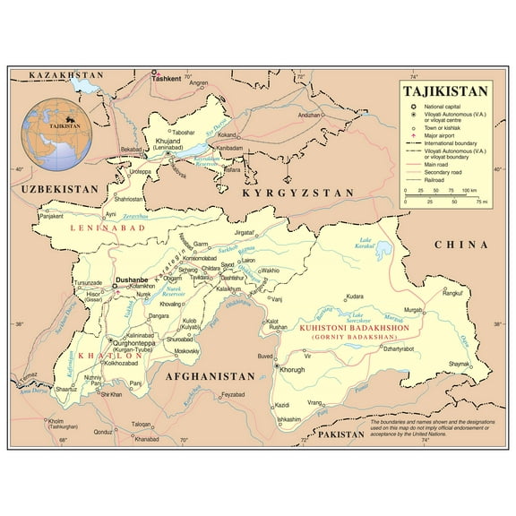 Palmetto Posters 24x31 Laminated Poster: Large detailed political and administrative map of tajikistan with roads railroads cities and airports