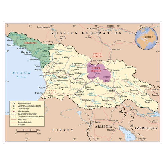 Palmetto Posters 24x31 Laminated Poster: Large detailed political map of georgia with abkhazia and south ossetia with roads railroads cities and airports