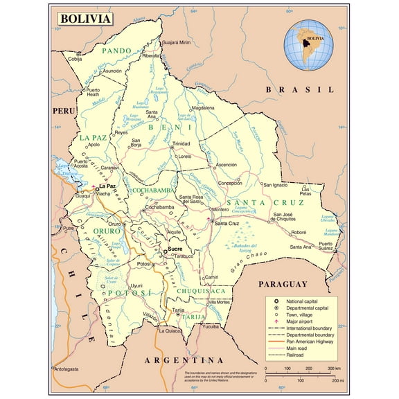 Palmetto Posters 24x31 Laminated Poster: Large detailed political map of bolivia with major cities and airports