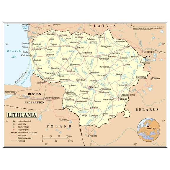 Palmetto Posters 24x31 Laminated Poster: Large detailed political map of lithuania with roads railroads major cities and airports