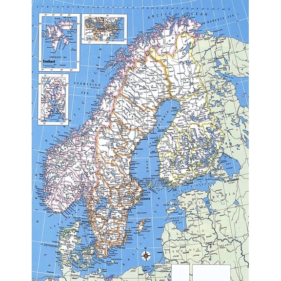 Palmetto Posters 24x31 Laminated Poster: Large detailed political map of norway sweden finland and denmark