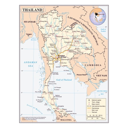 Palmetto Posters 24x31 Laminated Poster: Large detailed political map of thailand with roads railroads major cities and airports