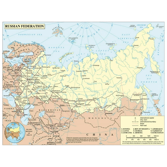 Palmetto Posters 24x31 Laminated Poster: Large political map of russia with roads railroads and major cities