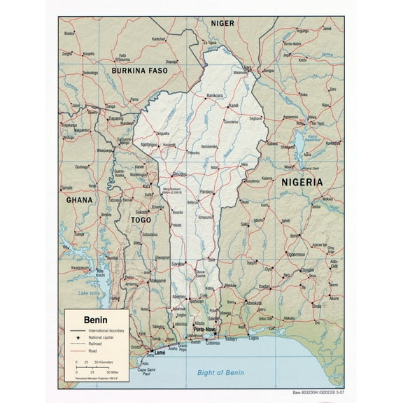 Palmetto Posters 24x31 Laminated Poster: Large scale detailed political map of benin with relief roads railroads and cities