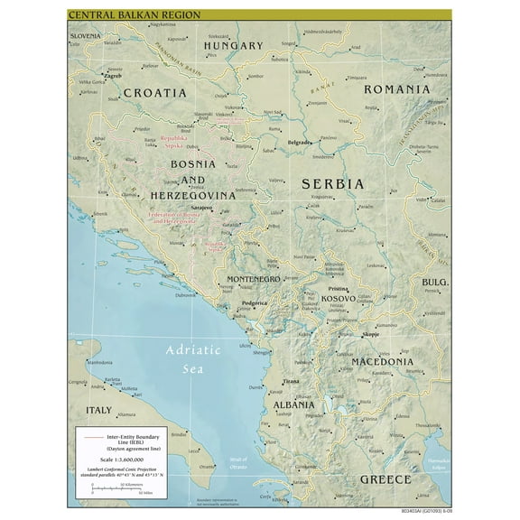 Palmetto Posters 24x31 Laminated Poster: Large scale political map of central balkan region with relief major roads and major cities