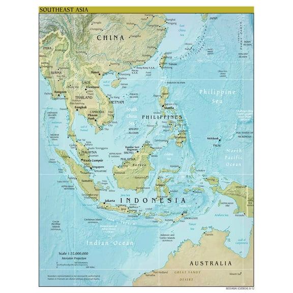 Palmetto Posters 24x31 Laminated Poster: Large scale political map of southeast asia with relief