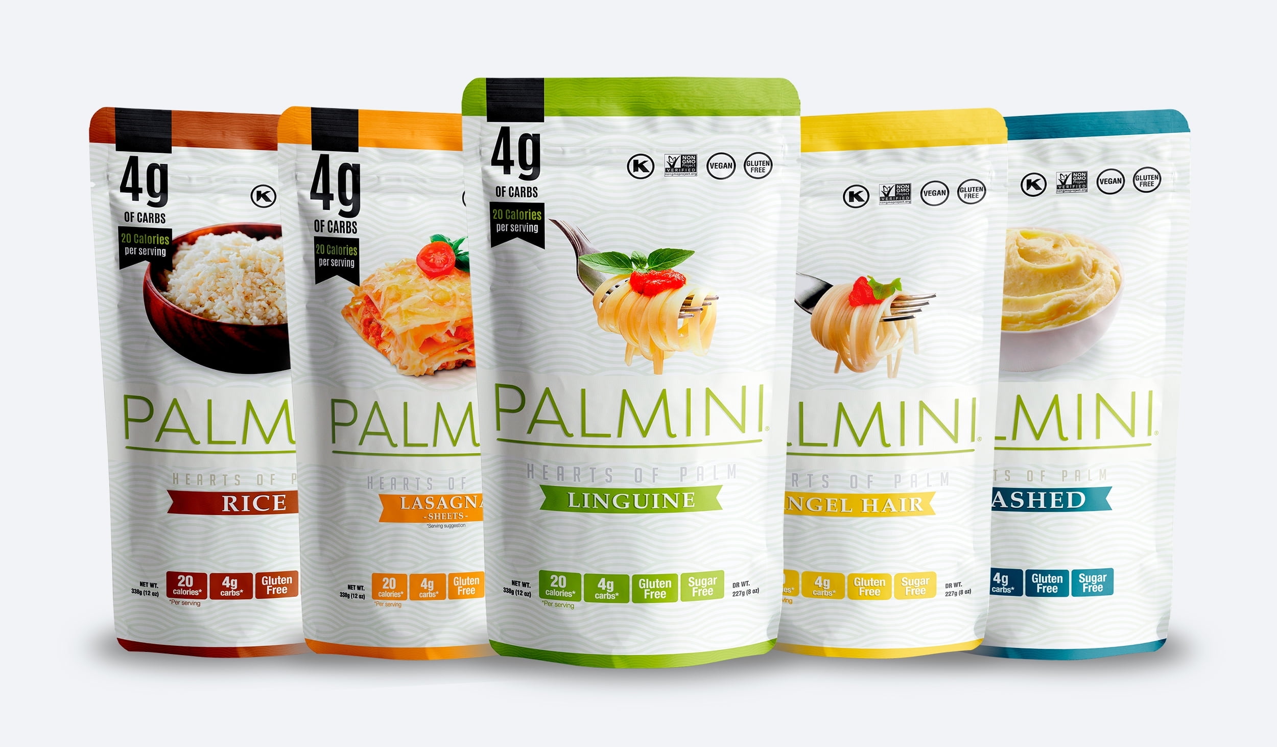 Palmini Pouch VARIETY PACK | Linguine | Angel Hair | Lasagna | Rice | Mashed | 4g of Carbs | As Seen On Shark Tank | Gluten Free (12 Ounce (Pack of 5))
