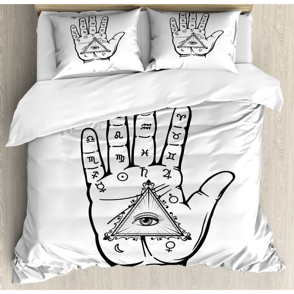Palmistry Duvet Cover Set, Psychic Hand Pattern with Magic Eye Alchemy Signs Hand Drawn, Decorative 3 Piece Bedding Set with 2 Pillow Shams, King Size, Charcoal Grey Off White, by Ambesonne