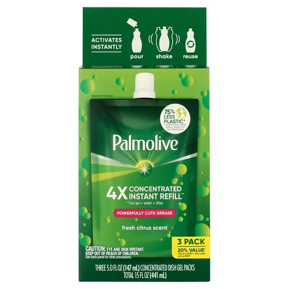 Palmolive 4X Concentrated Dish Detergent Gel Refill Pouches, Fresh Citrus Scent, 5 fl oz, 3 Pack