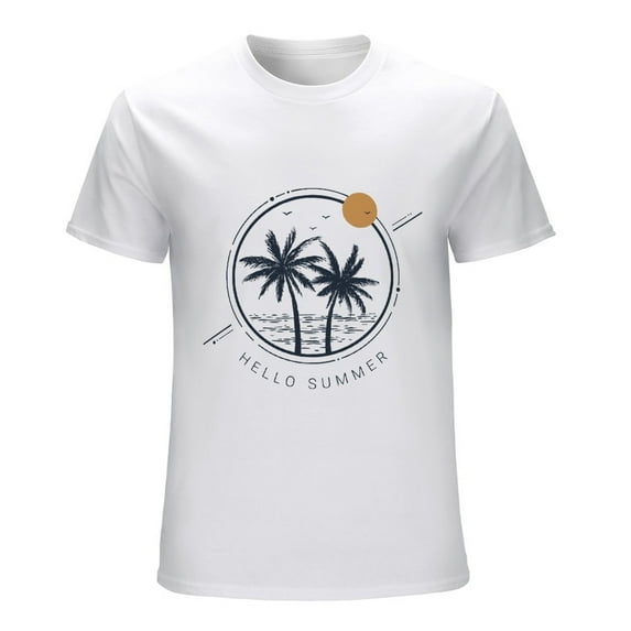 Palms And Ocean. Hello Summer Vintage T-shirt Mens Cotton Classic Crewneck Short Sleeve Tees Unisex White 3XL