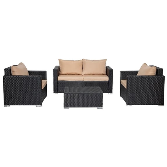 Palms Black 4-Piece Wicker Contemporary Sofa Set with Cushions