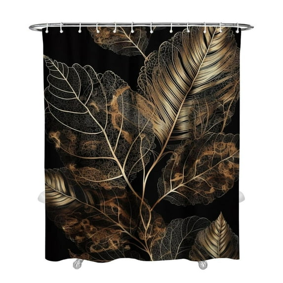 Palms Leaf Black and Gold Shower Curtains, Farmhouse Shower Curtains for Bathroom,Waterproof Fabric Shower Curtain Set with 12 Hooks Decor 72×84 Inch