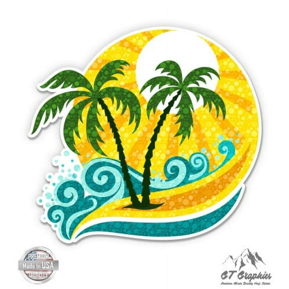 Palms Sun Wave Summer Tropical Vacation - 3" Vinyl Sticker - For Car Laptop I-Pad Phone Helmet Hard Hat - Waterproof Decal