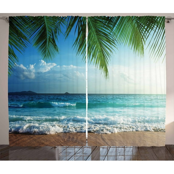 Ambesonne Ocean Curtains 2 Panel Set, Palms Tropical Island, 108" x 90", Green and Blue