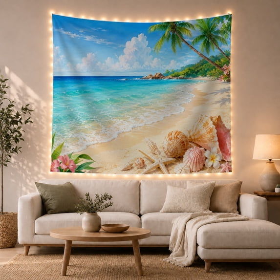 Palms Over a Tropical Beach with Seashells and Flowers, Serene Coastal for Beach Lovers, Seashell Wall Art, Hostess Gift, Tapestry Wall Hanging for Bedroom and Living Room