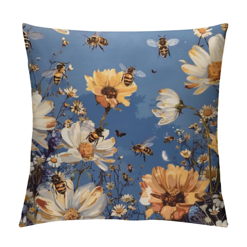 Palnkart Bees Flowers Blue Sky Graphic Decorative Pillow Cover for Home