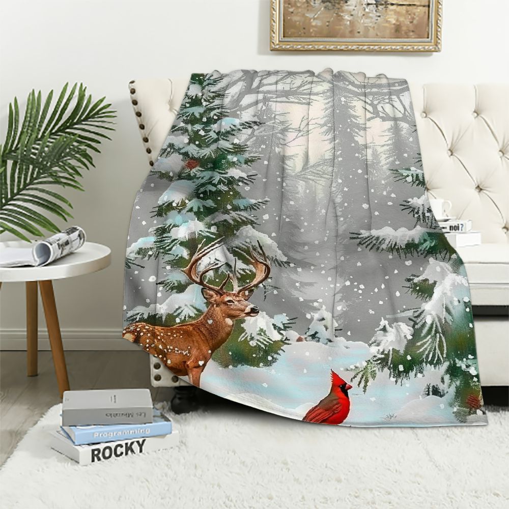 Palnkart Deer Snowy Forest Cardinal Warm Lightweight Blanket Soft