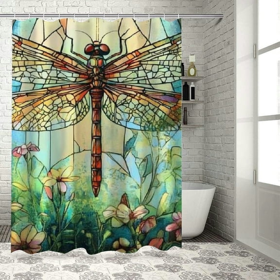Palnkart Dragonfly Flowers Washable Shower Curtain with Hooks for Bathroom Decoration 60"x72
