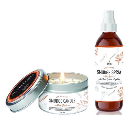 Palo Santo Smudge Spray and Candle Bundle | for Cleansing House, Meditation, Chakra Healing, Aromatherapy | Smudging Candle with Crystals and Herbs