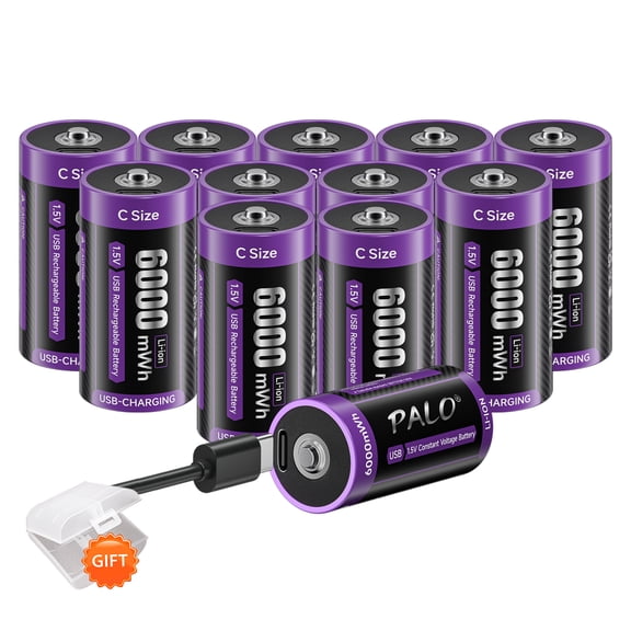 Palogreen 12 Pack Rechargeable C Batteries 1.5V Type-C USB High Capacity C Size Rechargeable Lithium Battery 6000mWh with Battery Case