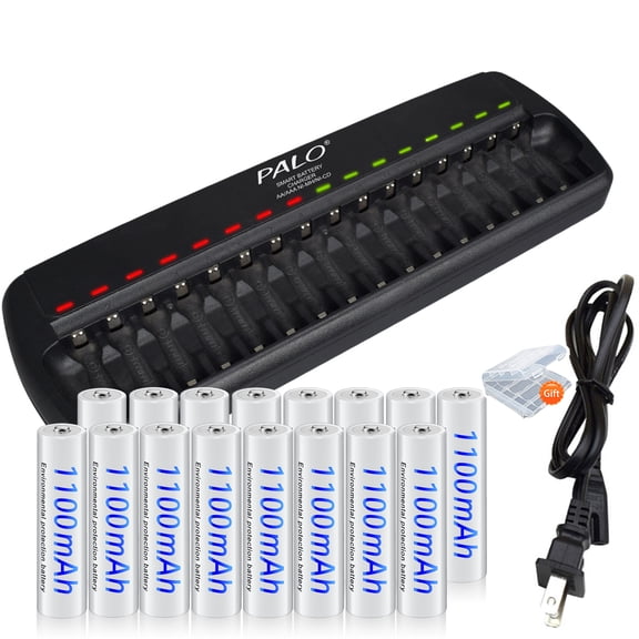 Palogreen 16 Pack AAA 1100mAh Ni-MH Rechargeable Batteries 1.2V and 16 Bay LED Charging Display AA AAA Rechargeable Battery Charger (Only Ni-MH battery)