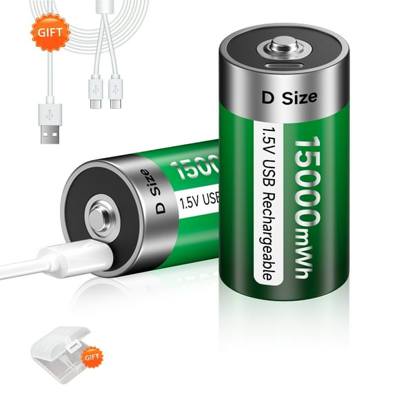 Palogreen 2 Pack Rechargeable D Size Batteries 1.5V Type-C USB High Capacity D Cell Rechargeable Lithium Battery 15000mWh with Battery Case
