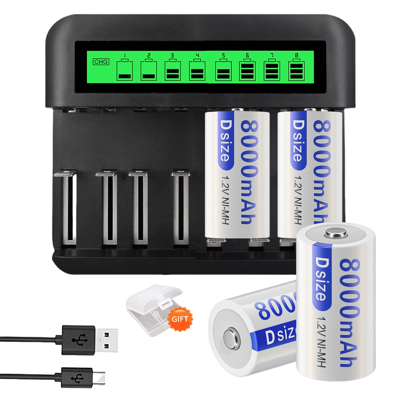 Palogreen 4 D Battery Ni-MH Rechargeable D Batteries 1.2V 8000mAh with 8 Bay Rechargeable Battery Charger For AA AAA C D Size Ni-MH Batteries