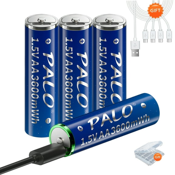 Palogreen 4 Pack Rechargeable AA Batteries USB 3600mWh 1.5V Lithium High Capacity AA Batteries with Battery Case