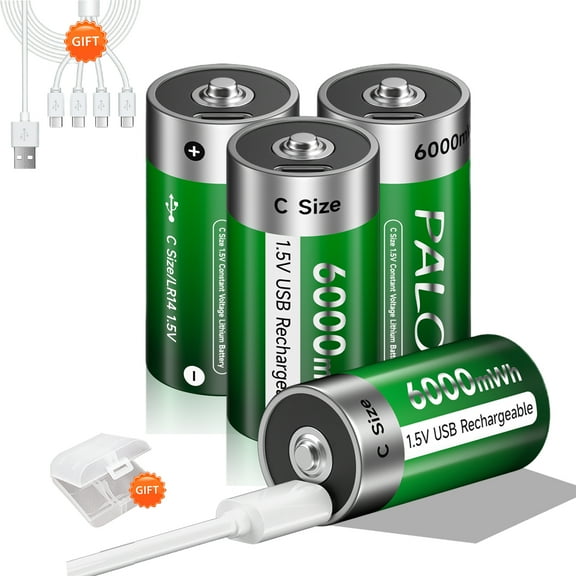 Palogreen 4 Pack Rechargeable C Size Batteries 1.5V Type-C USB High Capacity C Cell Rechargeable Lithium Battery 6000mWh with Battery Case