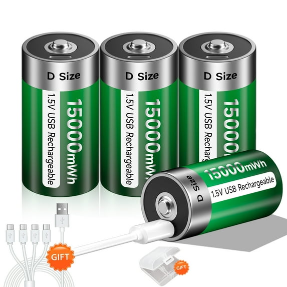 Palogreen 4 Pack Rechargeable D Size Batteries 1.5V Type-C USB High Capacity D Cell Rechargeable Lithium Battery 15000mWh with Battery Case