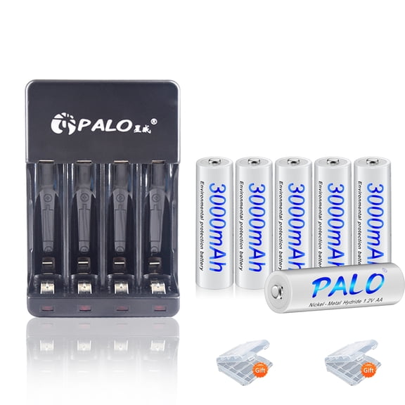 Palogreen 6 Pack AA 3000mAh Ni-MH Rechargeable Batteries 1.2V and 4 Bay LCD Charging Display AA AAA Rechargeable Battery Charger with USB Cable (Only Ni-MH battery)