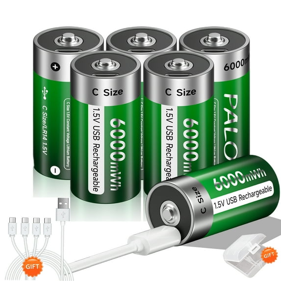 Palogreen 6 Pack Rechargeable C Size Batteries 1.5V Type-C USB High Capacity C Cell Rechargeable Lithium Battery 6000mWh with Battery Case