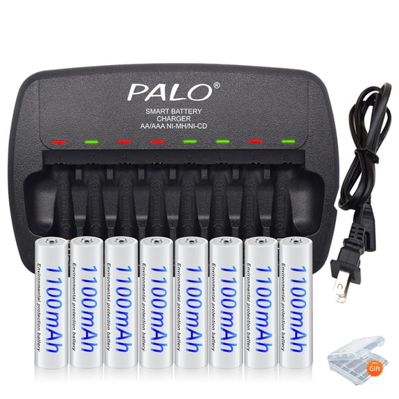 Palogreen 8 Pack AAA 1100mAh Ni-MH Rechargeable Batteries 1.2V and 8 Bay LED Charging Display AA AAA Rechargeable Battery Charger (Only Ni-MH battery)