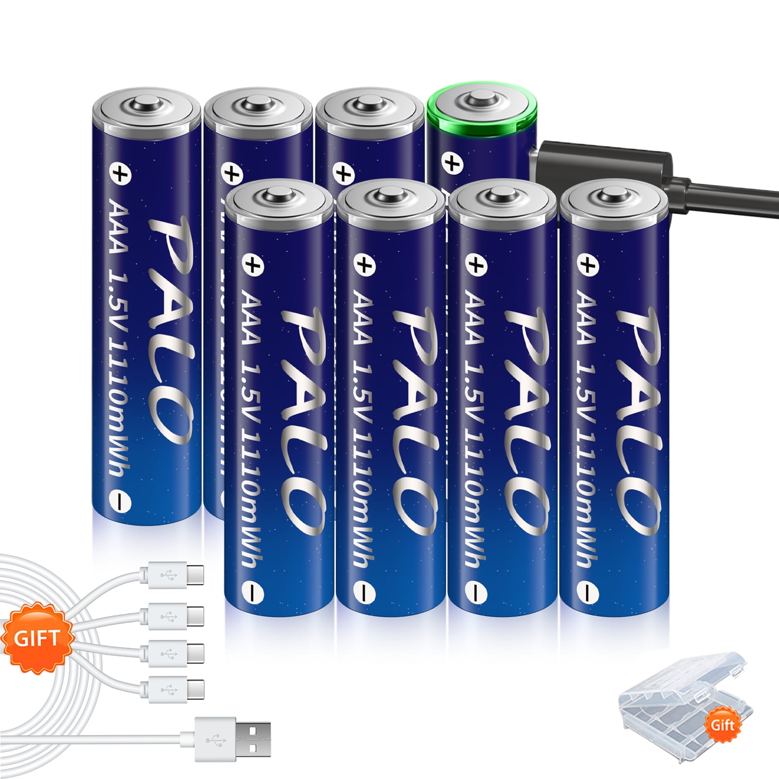 Palogreen 8 Pack Rechargeable AAA Batteries Lithium 1.5V High Capacity USB AAA Batteries 1110mWh with Battery Case