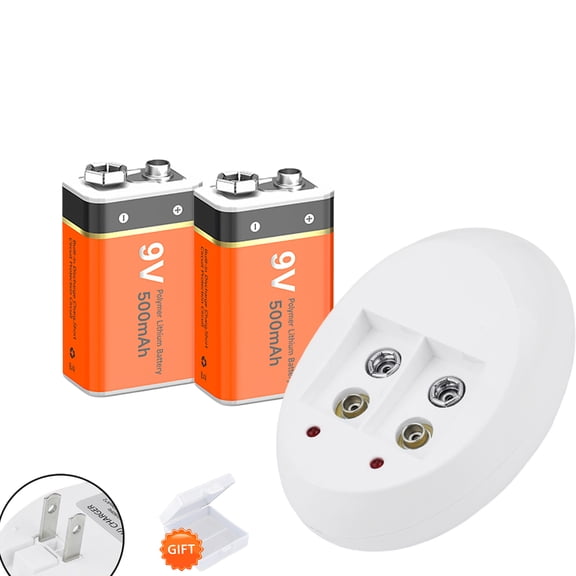 Palogreen 9 Volt Rechargeable Batteries 2 Pack with 2 Slot US Plug Charger, 500mAh Lithium-ion Battery 6F22 Square Baterias for Smoke Detectors, Fire Alarms, Remote Controls, Wireless Doorbell