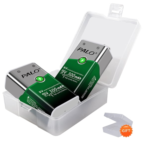 Palogreen 9 Volt Rechargeable Batteries 2 Pack, 300mAh NI-MH Battery 6F22 Square Baterias Long-Lasting for Smoke Detectors, Fire Alarms, Remote Controls, Wireless Doorbell and More