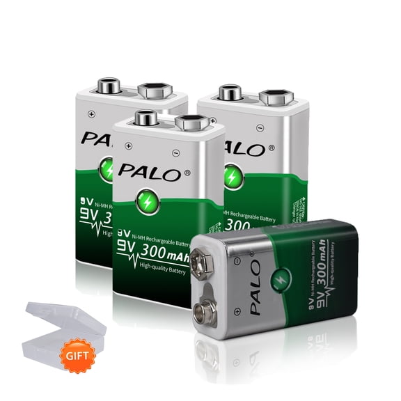 Palogreen 9 Volt Rechargeable Batteries 4 Pack, 300mAh NI-MH Battery 6F22 Square Baterias Long-Lasting for Smoke Detectors, Fire Alarms, Remote Controls, Wireless Doorbell and More