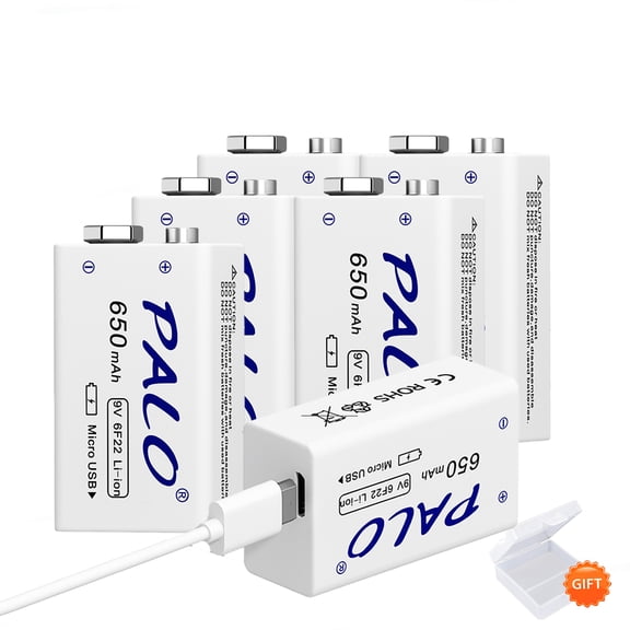 Palogreen 9 Volt Rechargeable Batteries 6 Pack with USB Cable, 650mAh Lithium-ion Battery 6F22 Square Baterias Long-Lasting for Smoke Detectors, Fire Alarms, Remote Controls, Wireless Doorbell