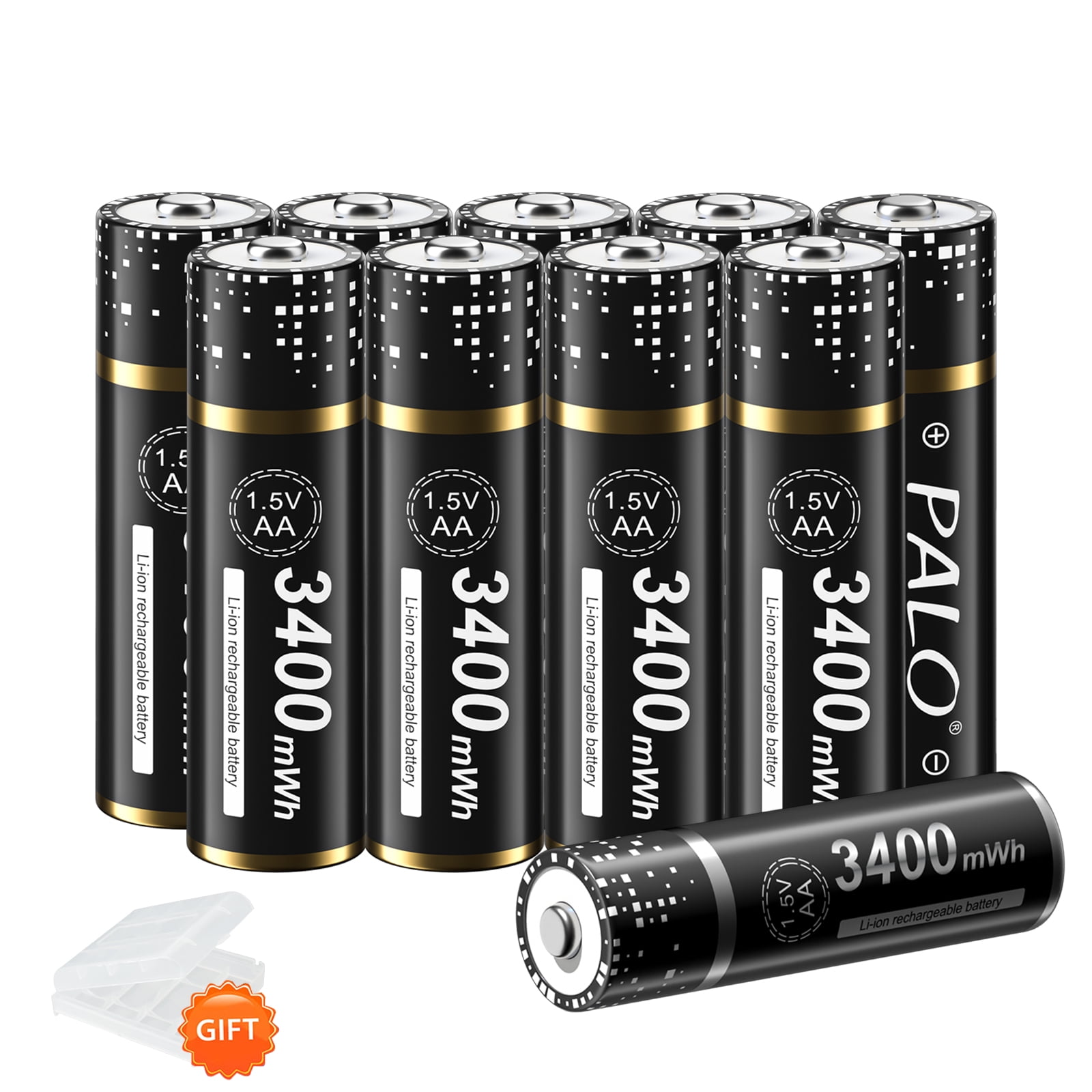 Palogreen AA Rechargeable Battery 10-Pack 1.5V Lithium Double A Batteries 3400mWh with Battery Case fot Solar Light
