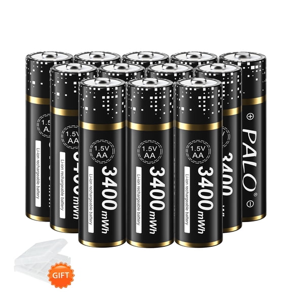 Palogreen AA Rechargeable Battery 12-Pack 1.5V Lithium Double A Batteries 3400mWh with Battery Case fot Solar Light