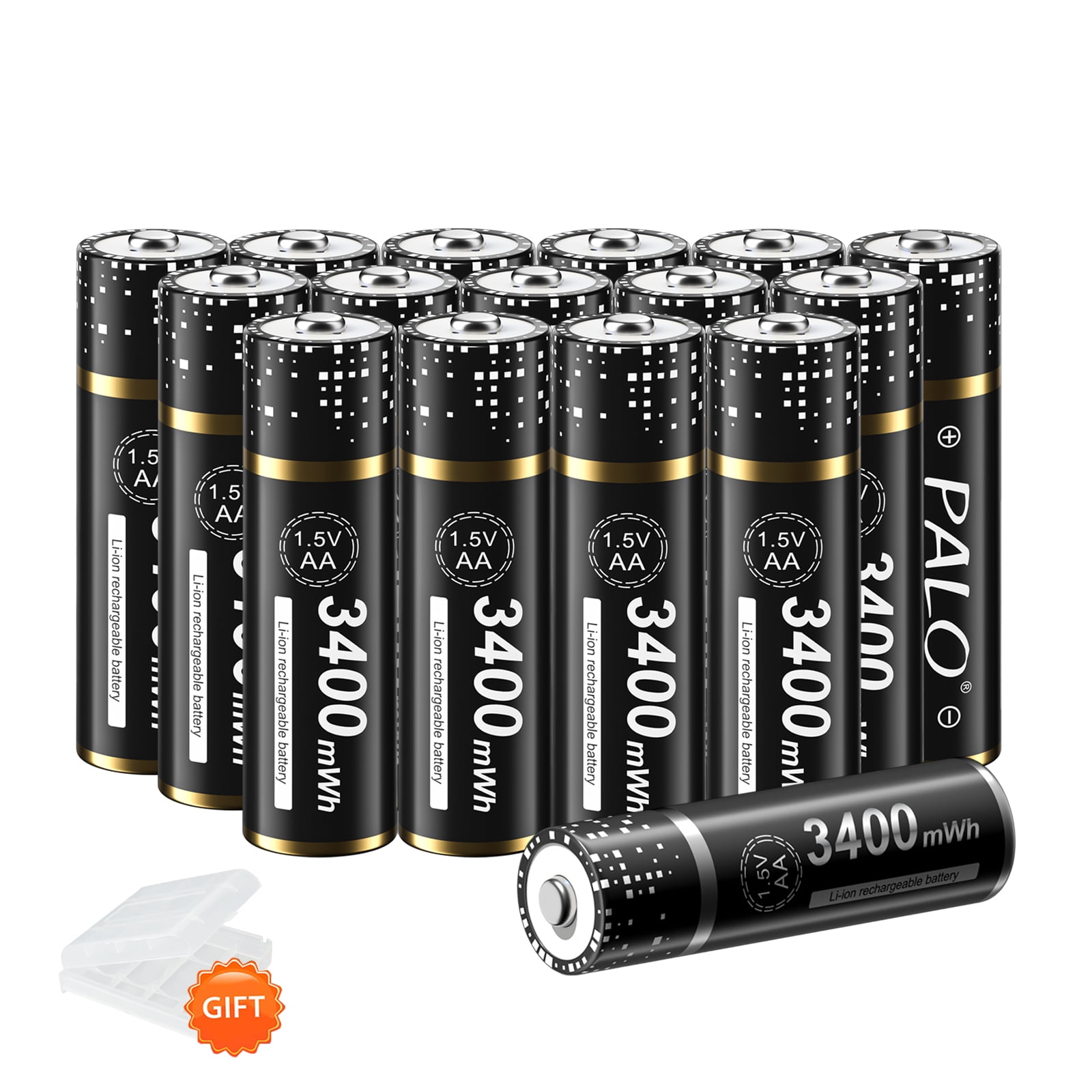 Palogreen AA Rechargeable Battery 16-Pack 1.5V Lithium Double A Batteries 3400mWh with Battery Case fot Solar Light