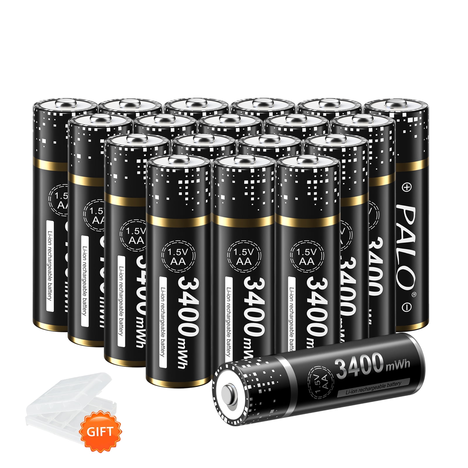 Palogreen AA Rechargeable Battery 20-Pack 1.5V Lithium Double A Batteries 3400mWh with Battery Case fot Solar Light
