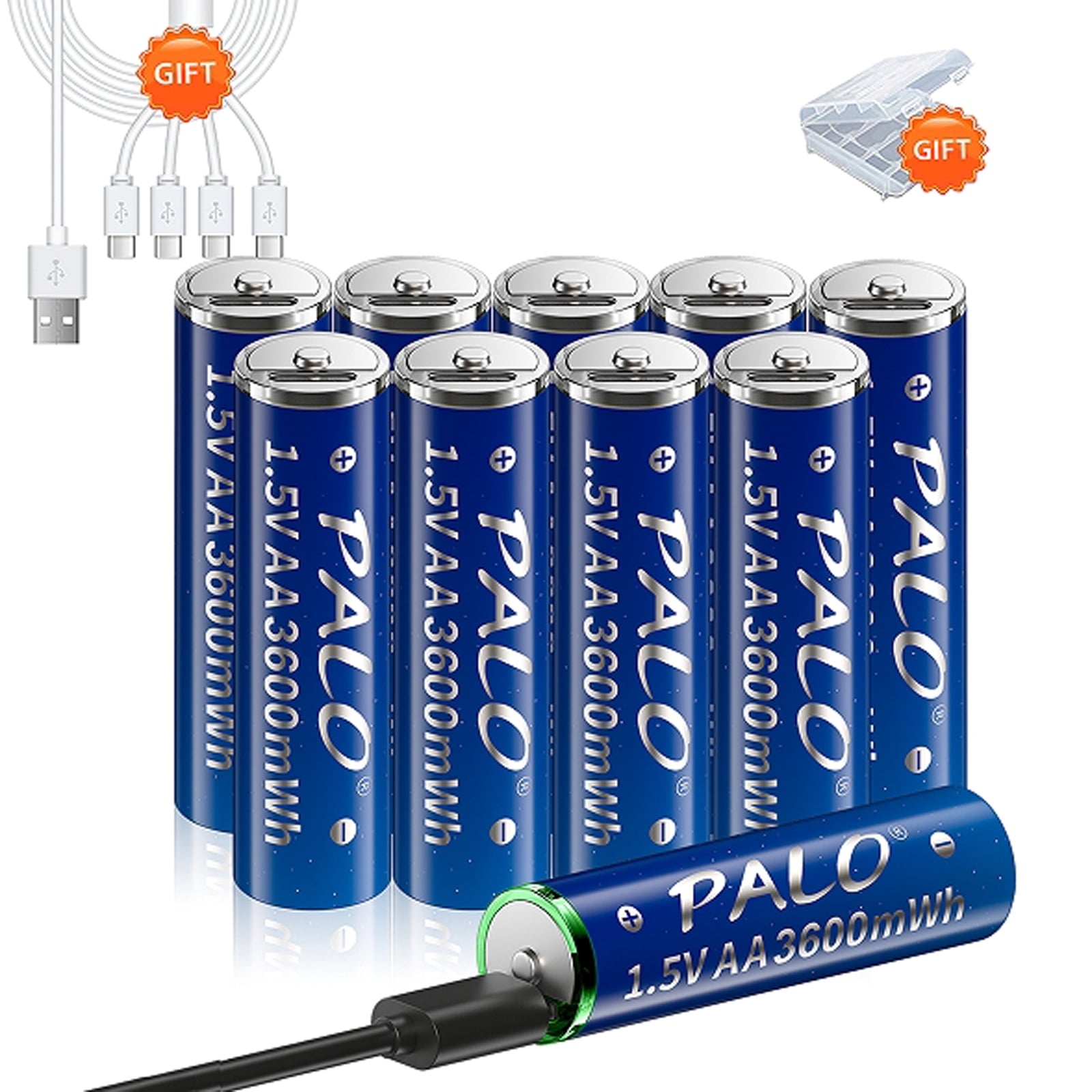 Palogreen AA USB Rechargeable Battery 10-Pack 1.5V Type-C Lithium Double A Batteries 3600mWh with Battery Case fot Solar Light