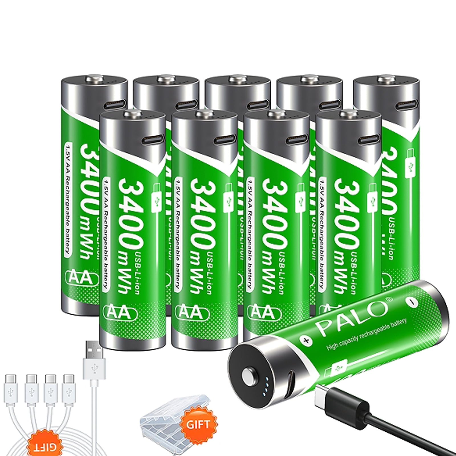 Palogreen AA USB Rechargeable Battery 10-Pack 1.5V Type-C Lithium Double A Batteries 3800mWh with Battery Case fot Solar Light