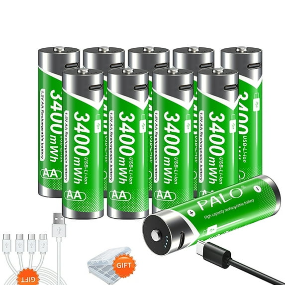 Palogreen AA USB Rechargeable Battery 10-Pack 1.5V Type-C Lithium Double A Batteries 3800mWh with Battery Case fot Solar Light